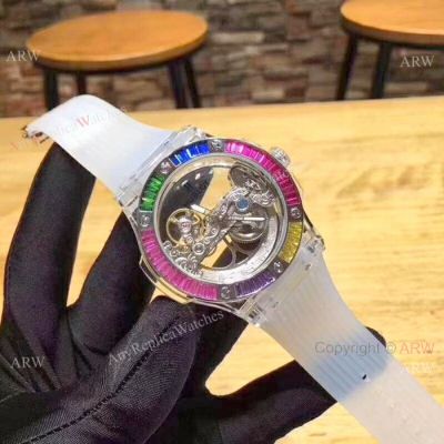 2019 Hublot Unico Sapphire Replica Watch Transparent Case Rainbow Bezel